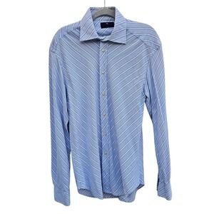 ETRO Mens Dress‎ Shirt Blue White Horizontal Striped Luxury Cotton Italy